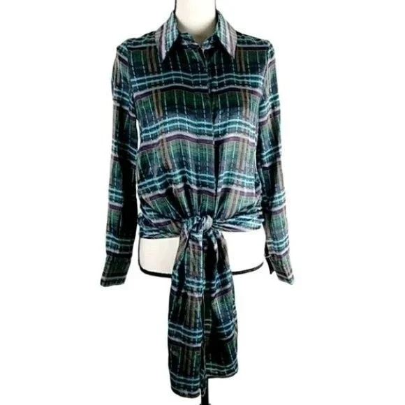 JOA Green Satin Plaid Tie Front Silky Long Sleeve Top - Picture 2 of 14
